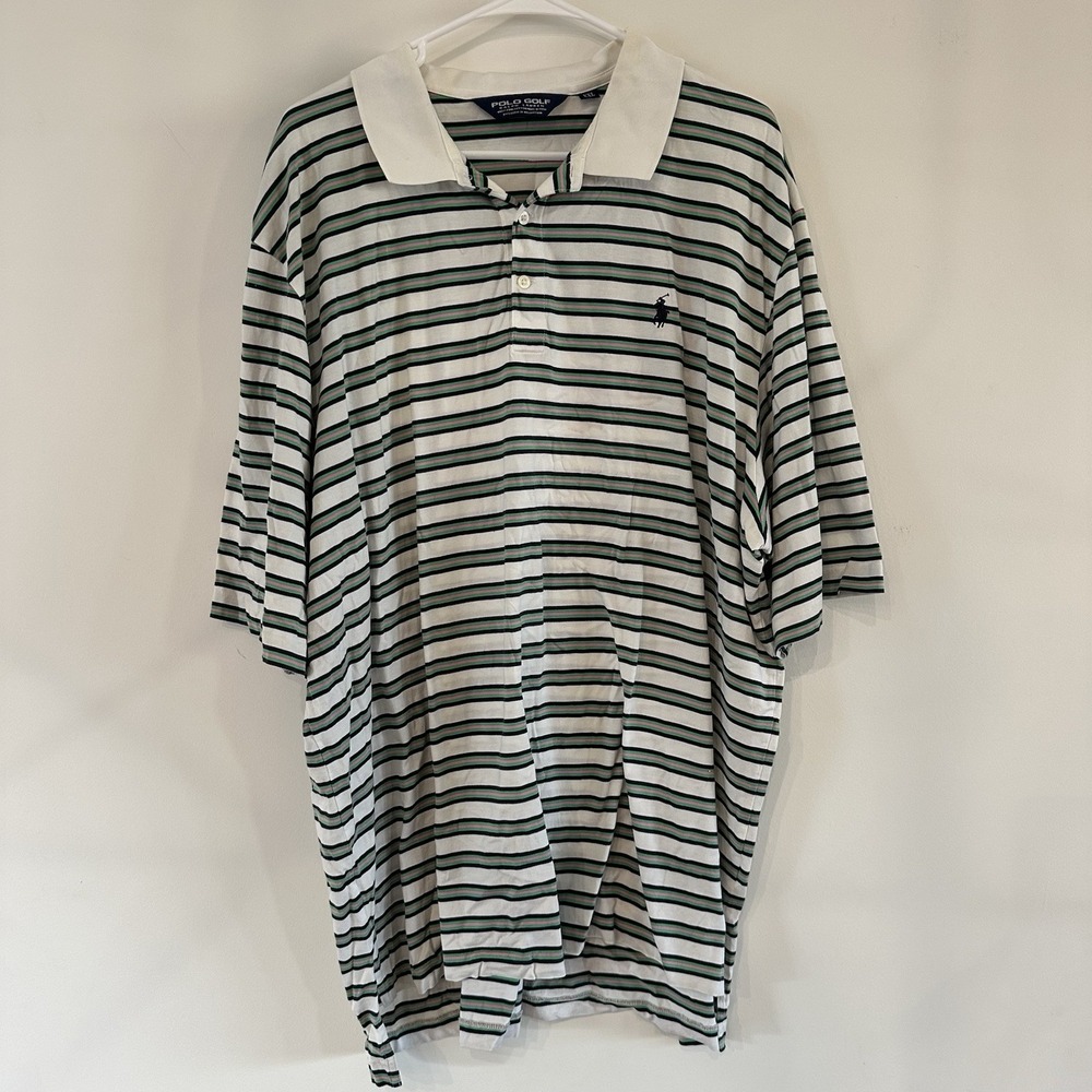 Polo Golf Ralph Lauren Polo Shirt XXL White Green Stripe Cotton Peru YGI U3-53‎